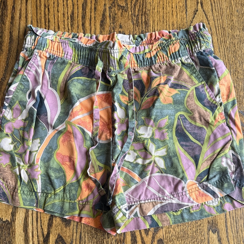 Cynthia Rowley Floral Drawstring Athletic Shorts - Green, Purple & Orange